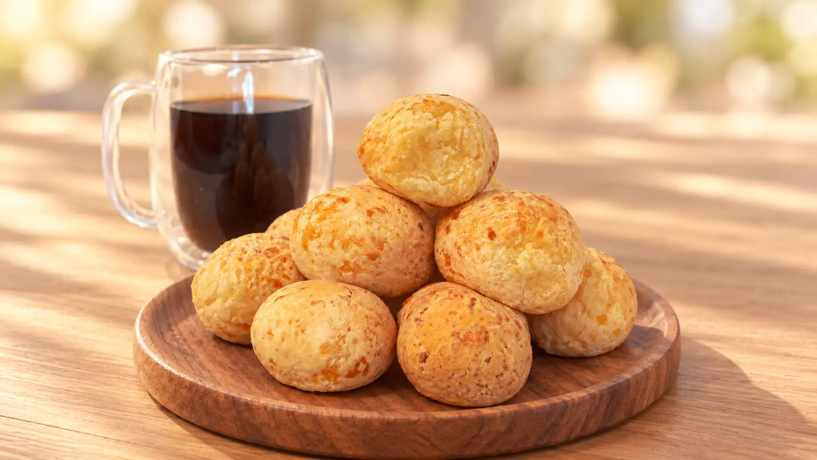 Baked Brazilian cheese bread served beside a cup of coffee
