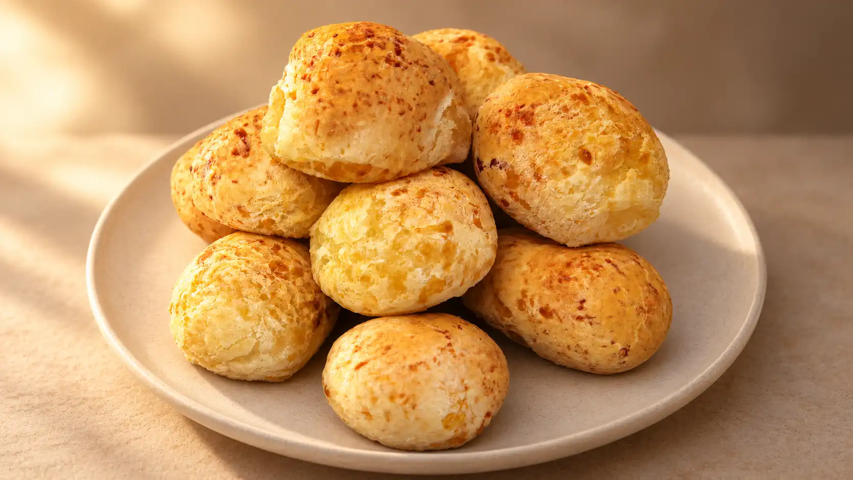 Golden baked Brazilian cheese bread piled on a plate